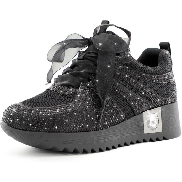 ⚡Women's Black With Mesh Glitter Sneaker Platform Wedge Sparkly Rhinestone